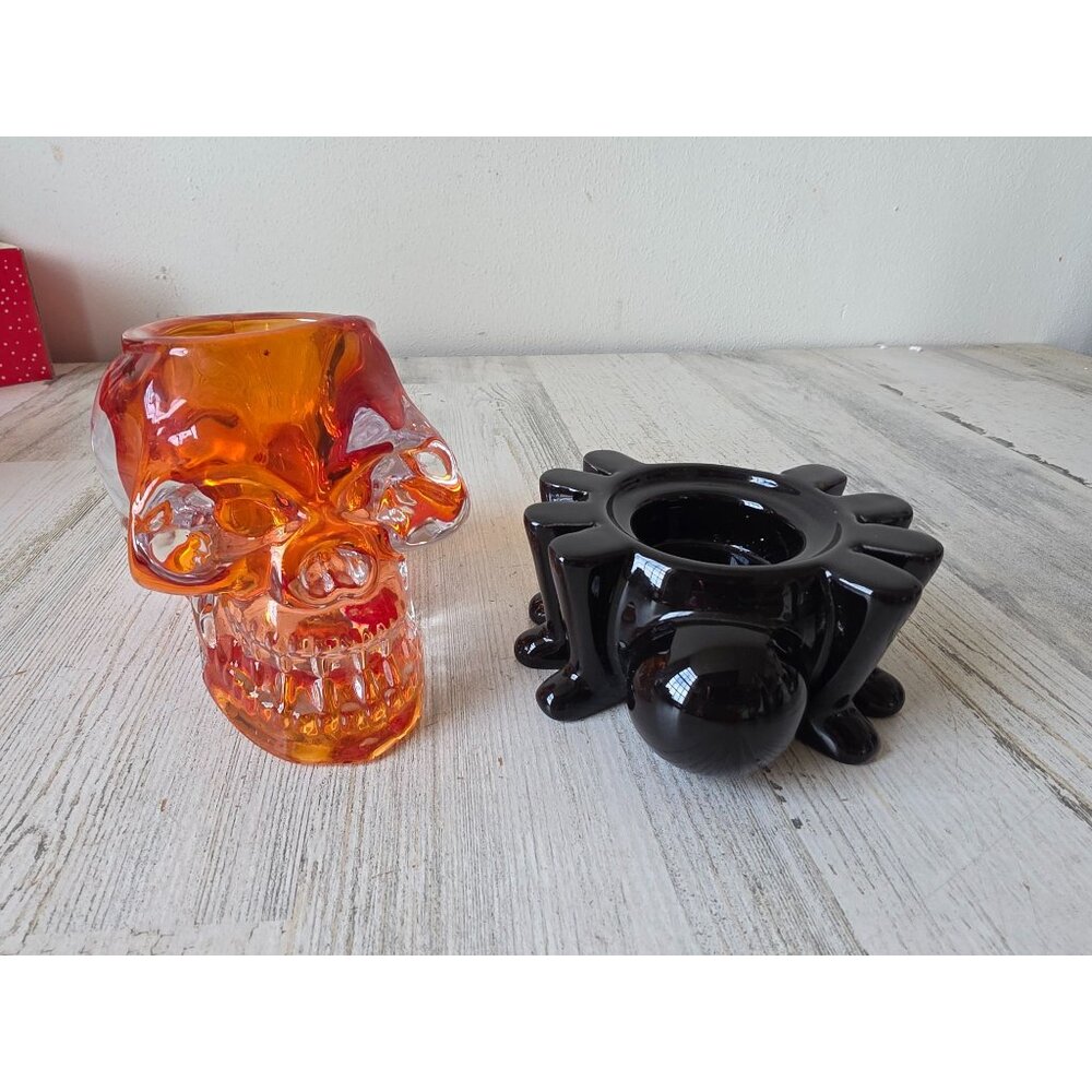 Spider skull candle holder votive glass ceramic‎ vintage East West